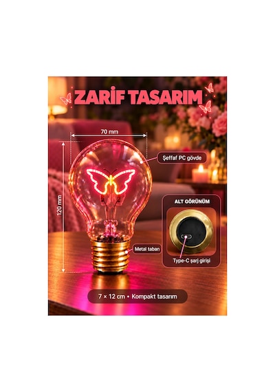 Kelebek Neon Dekoratif Masa Lambası Ampul Şeklinde Yeni Nesil Aydınlatma Pembe Kelebek Çok Renkli