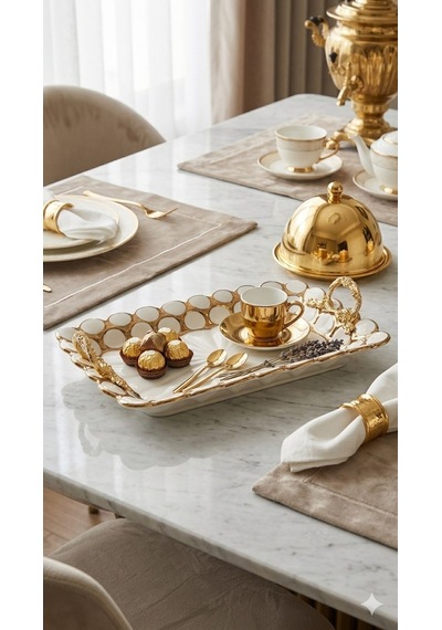 Dikdörtgen Beyaz-gold Sunum Tepsisi 36x22 Cm Çok Renkli