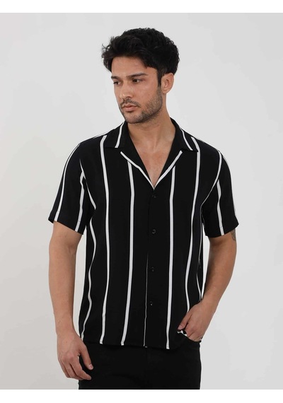 Dufy Siyah Erkek Regular Fit Çizgili Düğmeli Yaka Kısa Kol Gömlek - 94940-siyah Siyah
