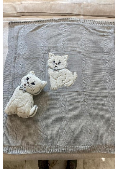 Oyuncak Hediyeli Bebek Triko Battaniye 90x90 Cm Gri Gri