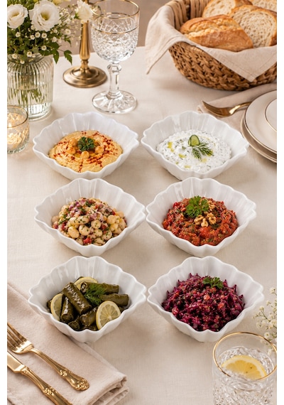 Porsima 6'lı Beyaz Porselen Kase Seti Çerez, Meze, Salata Ve Kahvaltılık Servis Kasesi 15cm