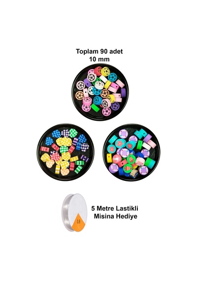 90 Adet 10 Mm Polimer Kil Fimo Boncuk Takı Bileklik + 5 Metre Misina Hediye - Kalp - Deniz - Çiçek
