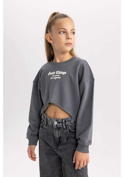 Defacto Kız Çocuk Baskılı Crop Bisiklet Yaka  Sweatshirt Askılı Atlet 2'li Takım B2517A823WNGR449 Gri