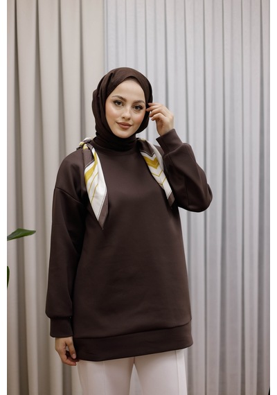 Moonsc Kadın Regular Fit Pamuklu Yaka Fularlı Bisiklet Yaka Kahverengi Tunik