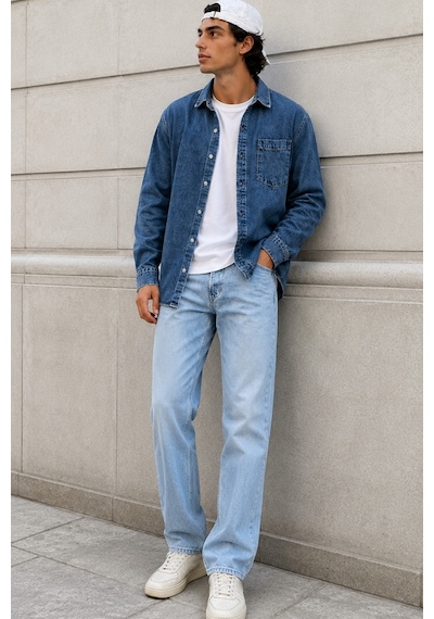 Tarz Cool Erkek Regular Denim Gömlek Yıkamalı Kot Uzun Kollu Cepli Jean Gömlek Lacivert