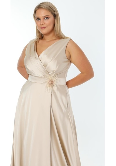 Ladies First Büyük Beden 3434 Bej Uzun Abiye Elbise