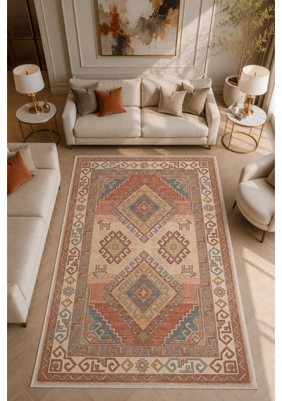 Dekoratif Halı Kaymaz Taban Leke Tutmaz Yıkanabilir Kilim Özel Ölçü Salon Halısı 3049 Çok Renkli