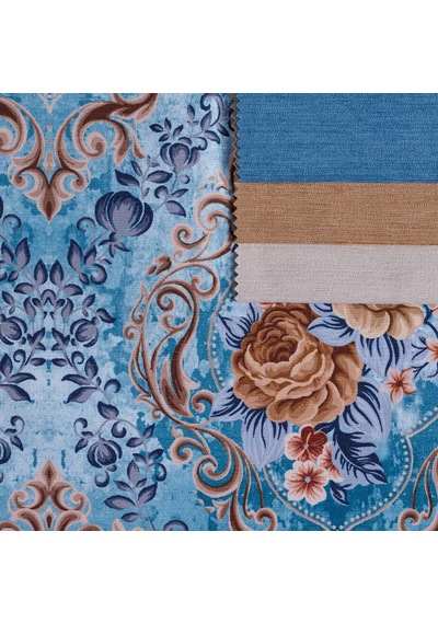 Mavi Zemin Efektli Modern Damask Desen Dokuma KadifeŞönil