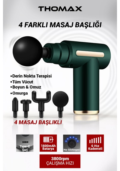 Thomax Profesyonel Şarjlı Darbeli Masaj Tabancası Masaj Aleti 4 Başlıklı 6 Kademe Tüm Vücut Yeşil