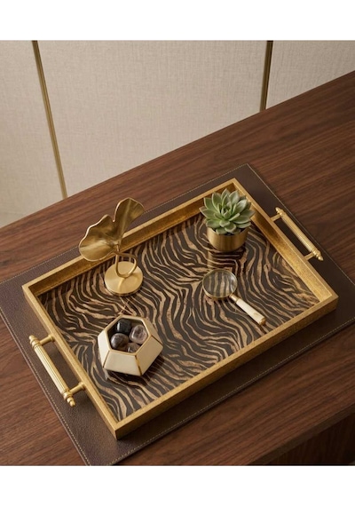 Gold Varaklı Zebra Desenli Lüks Sunum Tepsisi - Modern Tasarım Dekoratif Çay Kahve Tepsisi