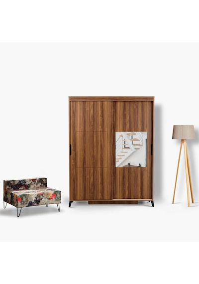 Pasifichome Huga Sürgülü Gardırop Ceviz 130Cm / 2 Kapaklı Çekmeceli Dolap
