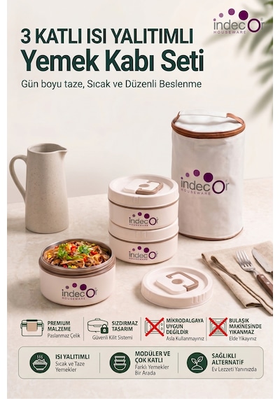 Isı Yalıtımlı Çantalı 3 Parça Vakumlu Lunch Box Yemek Termosu Beslenme Kutusu Sefer Tası Haki - Krem