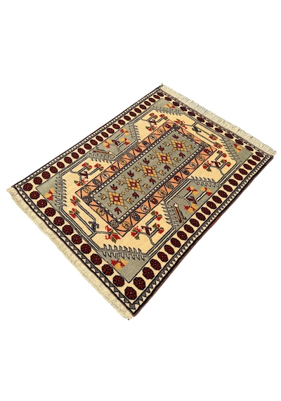 El Dokuma Sıfır Milas Halısı 100x135 Krem Turkuaz Bej Kök Boya