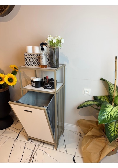 2 Raflı Çamaşır Sepeti Dolabı Metal Gövdeli Banyo Organizeri & Kirli Çamaşır Sepeti Bej