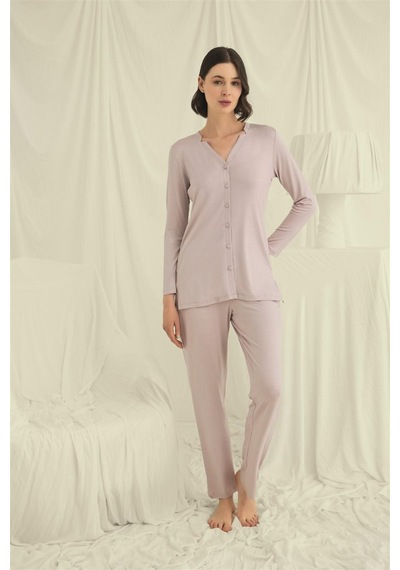 İkikareshop Uzun Kollu Düğmeli V Yaka Pijama Takımı Çok Renkli