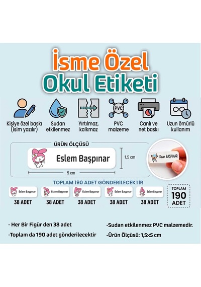 Kapbirhediye Okul Etiketi Isme Özel Kalem Defter Etiketi Sevimli Kedi 2 Temalı 190 Adet Çok Renkli