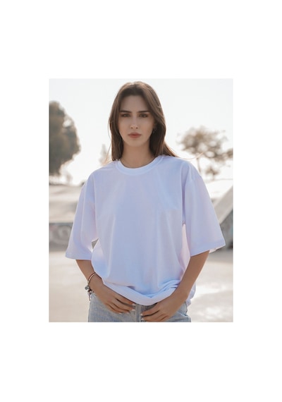 Parshey Oversize Unisex Beyaz Yarım Kollu Bisiklet Yaka %100 Pamuk Baskısız T-shirt Beyaz