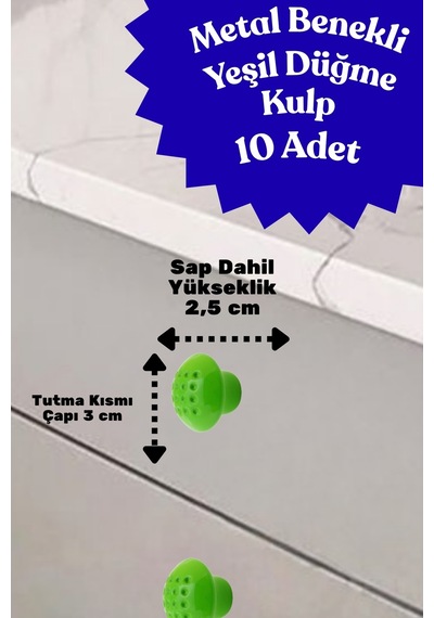 10 Adet Metal Benekli Yuvarlak Düğme Kulp - Çocuk Odası, Mutfak Ve Dolap İçin Modern Çekmece Kulbu Yeşil Yeşil