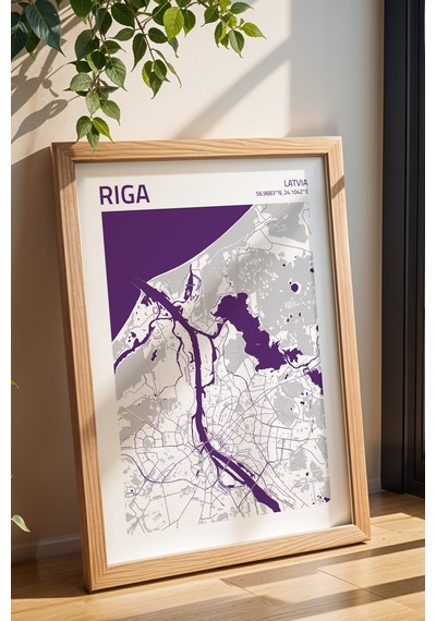 Riga Letonya Latvia Haritası Çerçeveli Tablo Lüks Salon Ofis Duvar Dekorasyonu Hediyelik Tablo Kayın