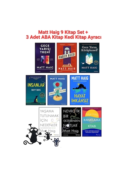 Matt Haig Seti - 9 Kitap Set - Gece Yarısı Treni, Gece Yarısı Kütüphanesi + 3 Adet Aba Kitap Kedi Kitap Ayracı