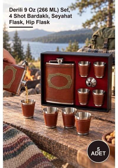 5 Adet Matara Derili 9 Oz 266 Ml Set, 4 Shot Bardaklı, Seyahat Flask, Hip Flask Sarı