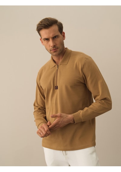 Xint Camel Pamuk Dokulu Regular Fit Uzun Kollu Tişört 502057