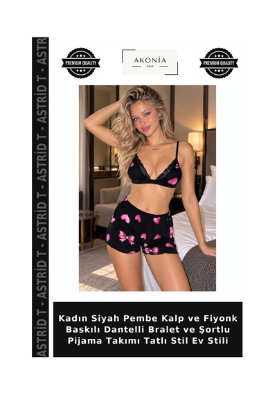 Astrid T Kadın Siyah Pembe Kalp Ve Fiyonk Baskılı Dantelli Bralet Ve Şortlu Pijama Takımı Tatlı Stil Ev Stili Siyah - Pembe