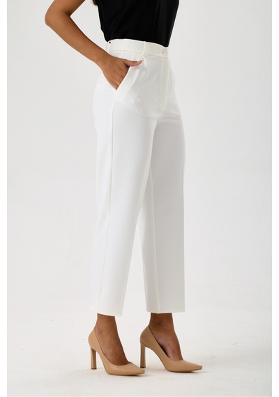 Velnara Moda Kırık Beyaz Dar Paça Cepli Yüksek Bel Dokuma Kumaş Kadın Pantolon Beyaz - 918311251 Beyaz