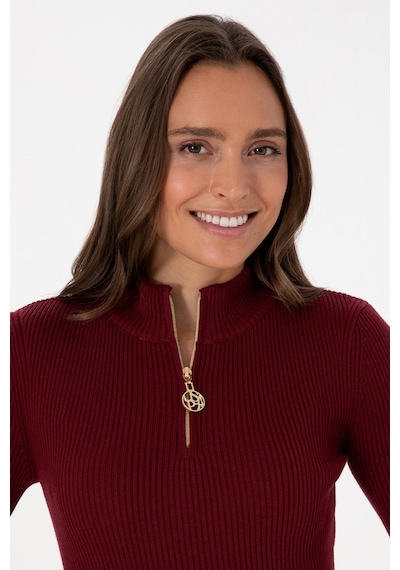 U.S. Polo Assn. Kadın Bordo V Yaka Fermuarlı Kazak 50316869-VR014
