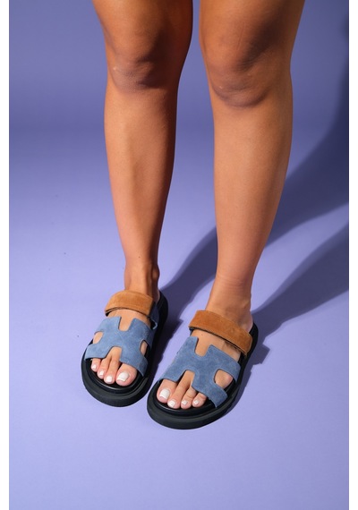Luvishoes Luvi Shoes Morte Laci-taba Süet Hakiki Deri Kadın Terlik Lacivert - Taba