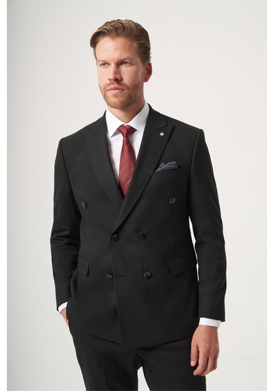 İmza Siyah Kırlangıç Yaka Kruvaze 6 Drop Slim Fit Tam Astar Esnek Takım Elbise 1001260180