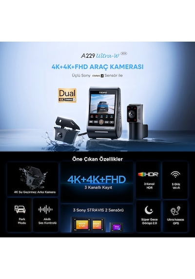 Viofo A229 Ultra 3 Kameralı Ön+iç+arka Dış Su Geçirmez 4k+4k+1080p Sony Starvis 2 Sensörlü Hdr Wi-fi 6 Gps'li Araç Kamerası