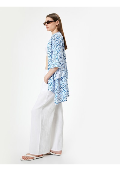 Koton Oversize Kimono Kısa Geniş Kollu Viskoz Kumaş Etnik Desenli Lacivert Desenli 4sak80019mw Lacivert