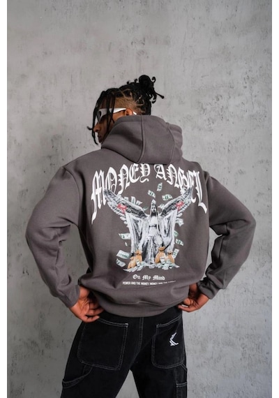 Erkek 3 İplik Pamuklu Baskılı Kapüşonlu Cepli Sweatshirt Hoodie - Füme