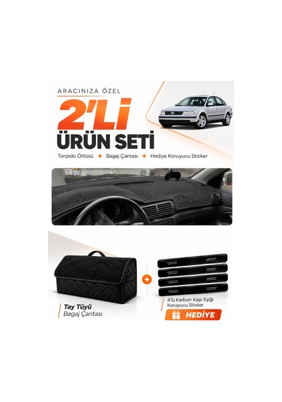 Volkswagen Passat B5 1996-2000 Uyumlu Torpido Örtüsü + Tay Tüyü Bagaj Çantası Seti - Siyah