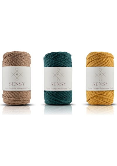 Sensy Premium 3 Büküm Makrome 3mm Üç Büküm Taranan Halat Ipi 3lü Set Sütlü Kahve-nefti Yeşil-hardal