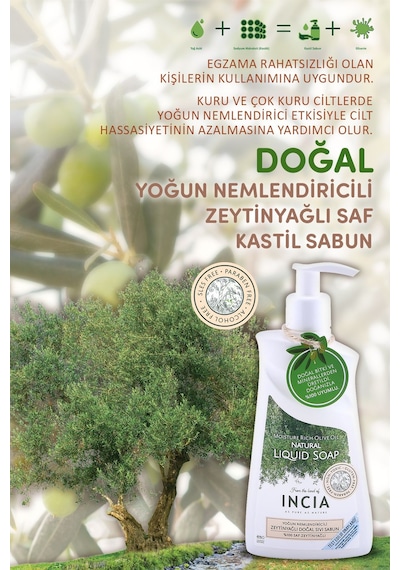 INCIA %100 Doğal Sıvı Kastil Sabunu Yoğun Nemlendirici Zeytinyağlı 10 Bitkisel Değerli Yağ Vegan 250 ML