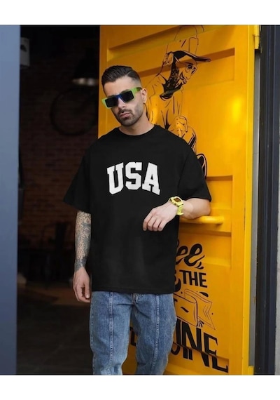 Erkek Baskılı Oversize T-shirt - Siyah Siyah