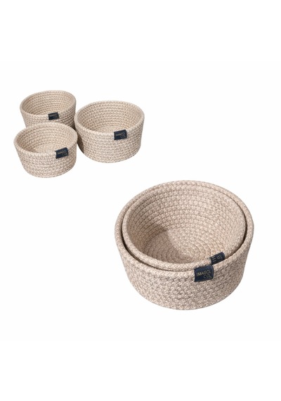 Dyrıs 3 Lü Dekoratif Sepet Seti El Yapımı Polyester İp Organizer 20-18-16 Cm Doğal Bej Kırçıllı Renk