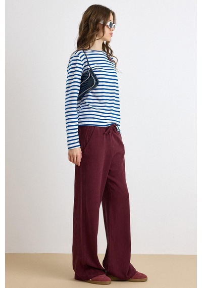 Olcay Beli Lastikli Rahat Kesim Soft Denim Pantolon Bordo 7587