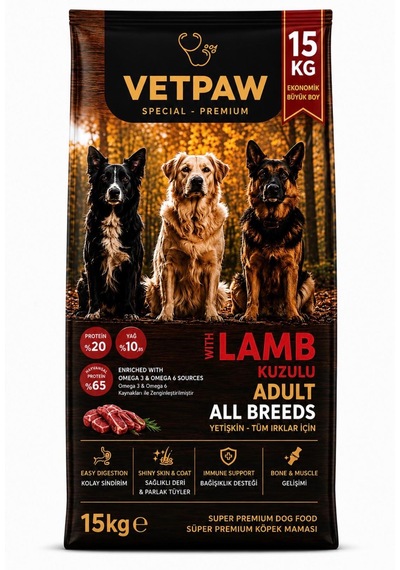 Vetpaw Kuzu Etli Yetişkin Köpek Maması Yüksek Proteinli Premium Kuru Mama 15 KG