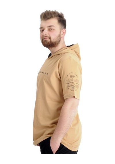 Mode Xl Büyük Beden Erkek T-Shirt Kapşonlu Born To Be Wıld 23122 Bej 001