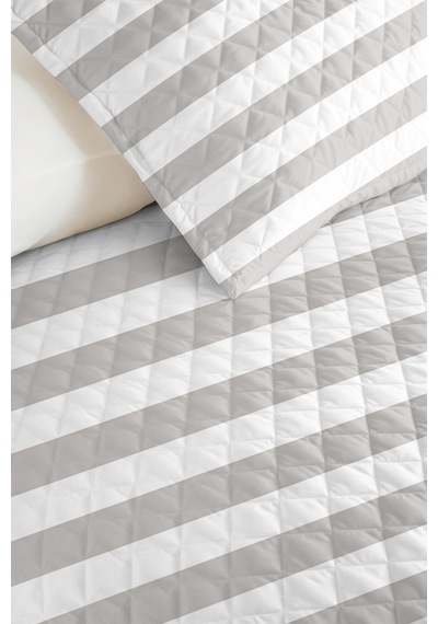 Gri Çizgili Tek Kişilik Dekoratif Pike Takımı - Minimal Beyaz Geometrik 160x220 Cm Yatak Örtüsü Gölge Tül Masalı