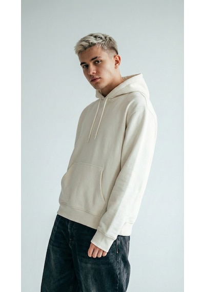 Hoxie Unisex Rahat Kesim Pamuklu Yumuşak Dokulu İçi Polarlı Basic Desenli Kapüşonlu Sweatshirt Ekru