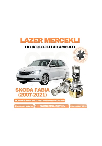 Skoda Fabia 2007 - 2021 Kısa Ve Uzun Far Uyumlu Mercek Led Ufuk Çizgili Far Ampulü Led Şimşek Etkili