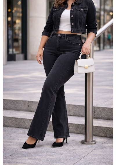 Cedy Denim Cedy Denım - Kadın Büyük Beden İspanyol Paça Yüksek Bel Skinny Fit Likralı Pantolon C628 Gri