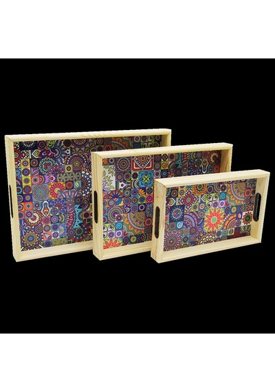 3 Boy Ahşap Tepsi Desenli Zemin 16x26 - 21x31 - 24x34cm Çok Renkli