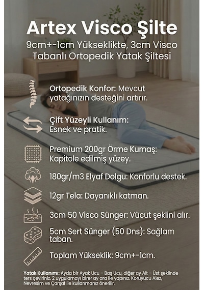 Artex Visco Şilte 150x200 Yer Yatağı Aloe 9 +-1cm Cm Ped Yatak Şiltesi Pedi Topper Mattress Çift Kişilik Beyaz