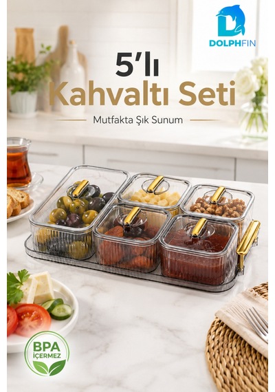 5 Li Kapaklı Kahvaltılık Seti Şeffaf Gold Kulplu Sunum Tepsili Bpa İçermez Seffaf