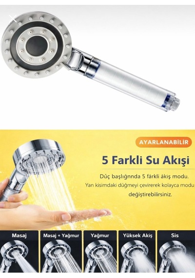 Spa Masaj Özellikli Duş Başlığı Banyo Duş Başlığı 5 Fonksiyonlu Duş Başlığı Gri Eva Diğer